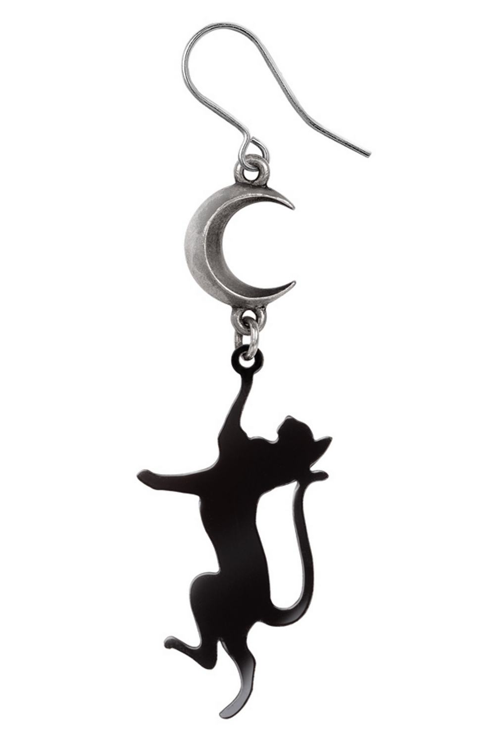 Single black cat earring hanging from a polished pewter crescent moon, perfect for cat lovers and fantasy fans.