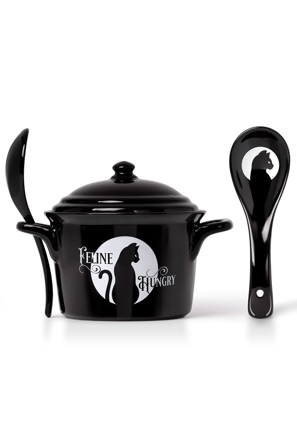 Black cat cauldron bowl and spoon set with lid, featuring 'Feline Hungry' design by Alchemy, perfect for gothic homeware.