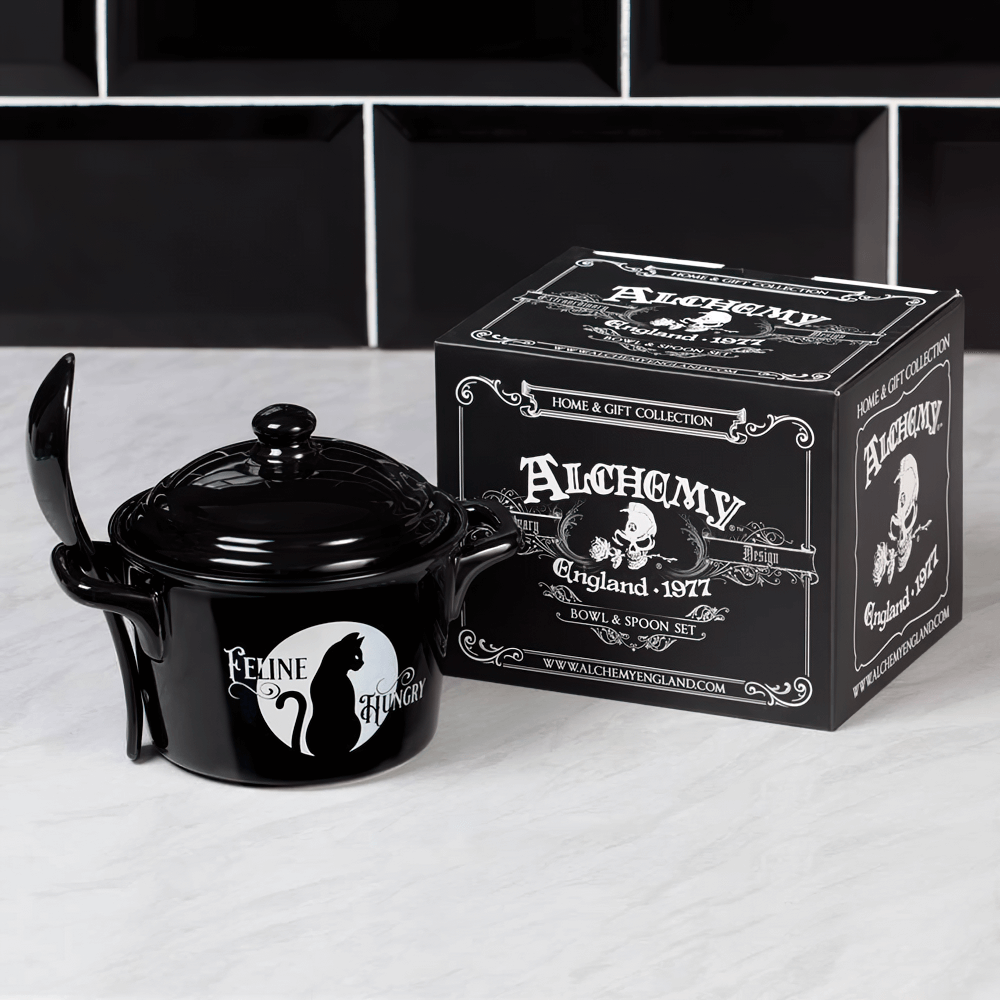 Black Cat Cauldron Bowl and Spoon Set by Alchemy, featuring 'Feline Hungry' design, perfect for unique gifting.