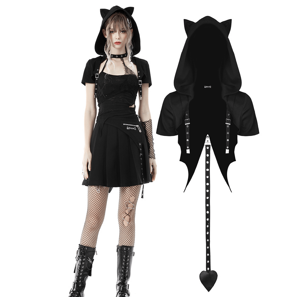 Gothic black cat ear crop top with bat wings and heart tail, perfect for an edgy, stylish look.