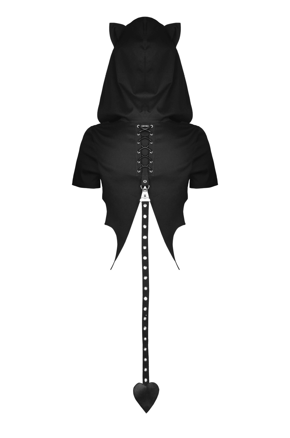 Black cat ear crop top hoodie with bat wings and heart tail, perfect for gothic fashion and edgy style.