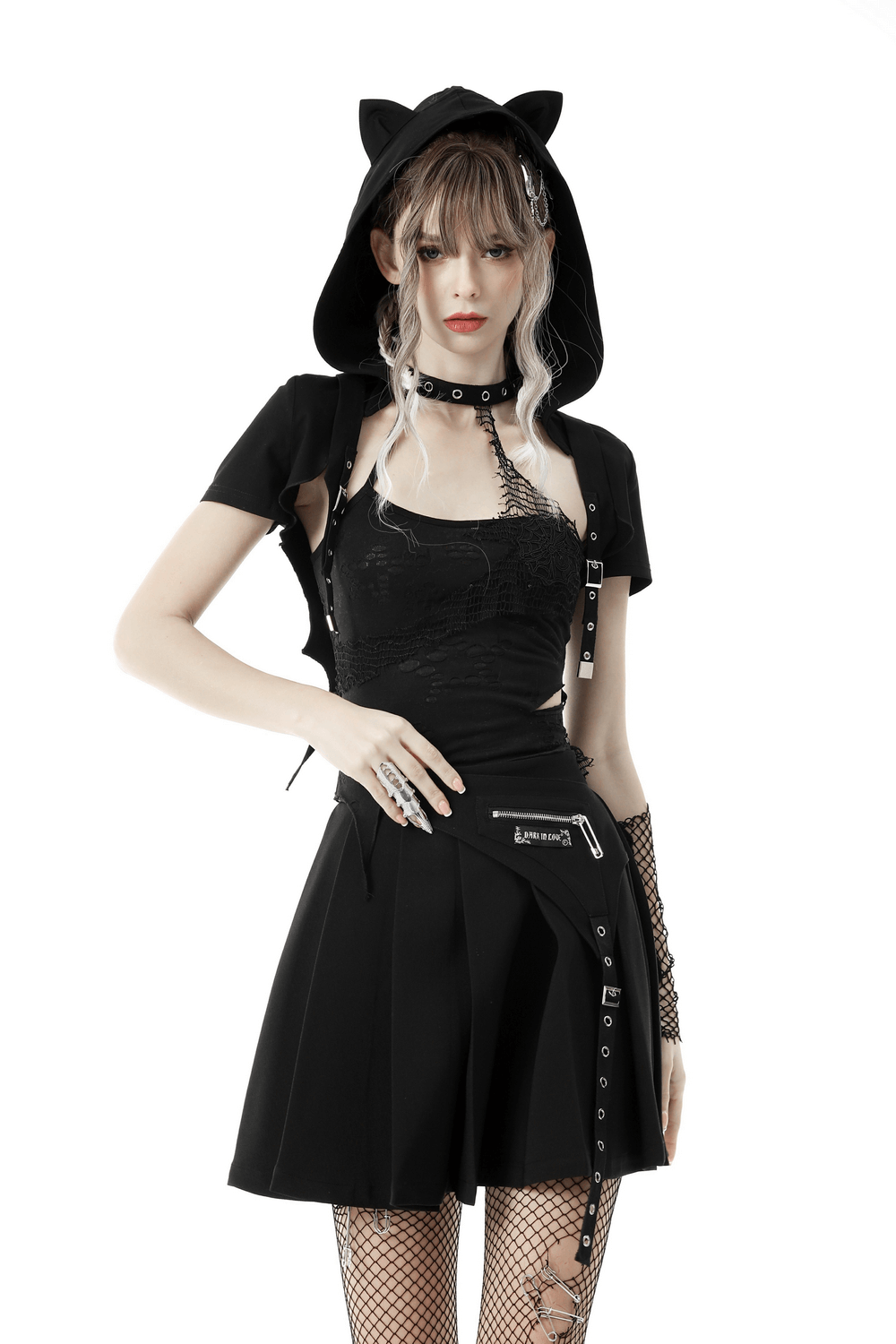 Gothic black cat ear crop top with bat wings, heart tail, and edgy accessories for a unique dark style.