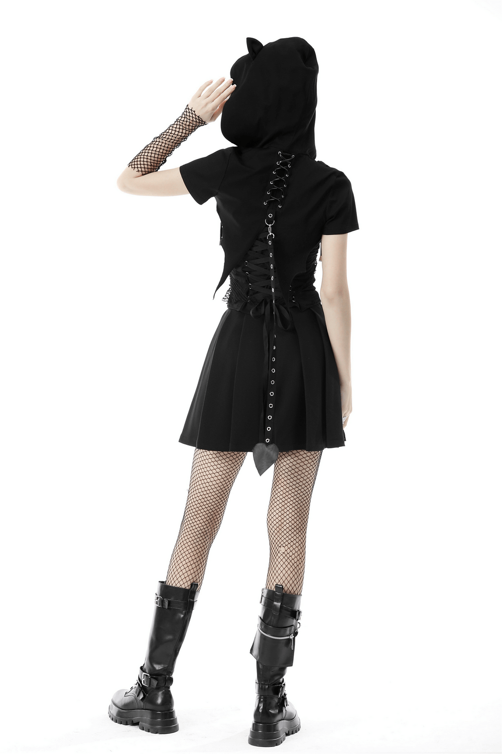 Gothic black cat ear crop top with bat wings, heart tail, and edgy details, perfect for a dark style.