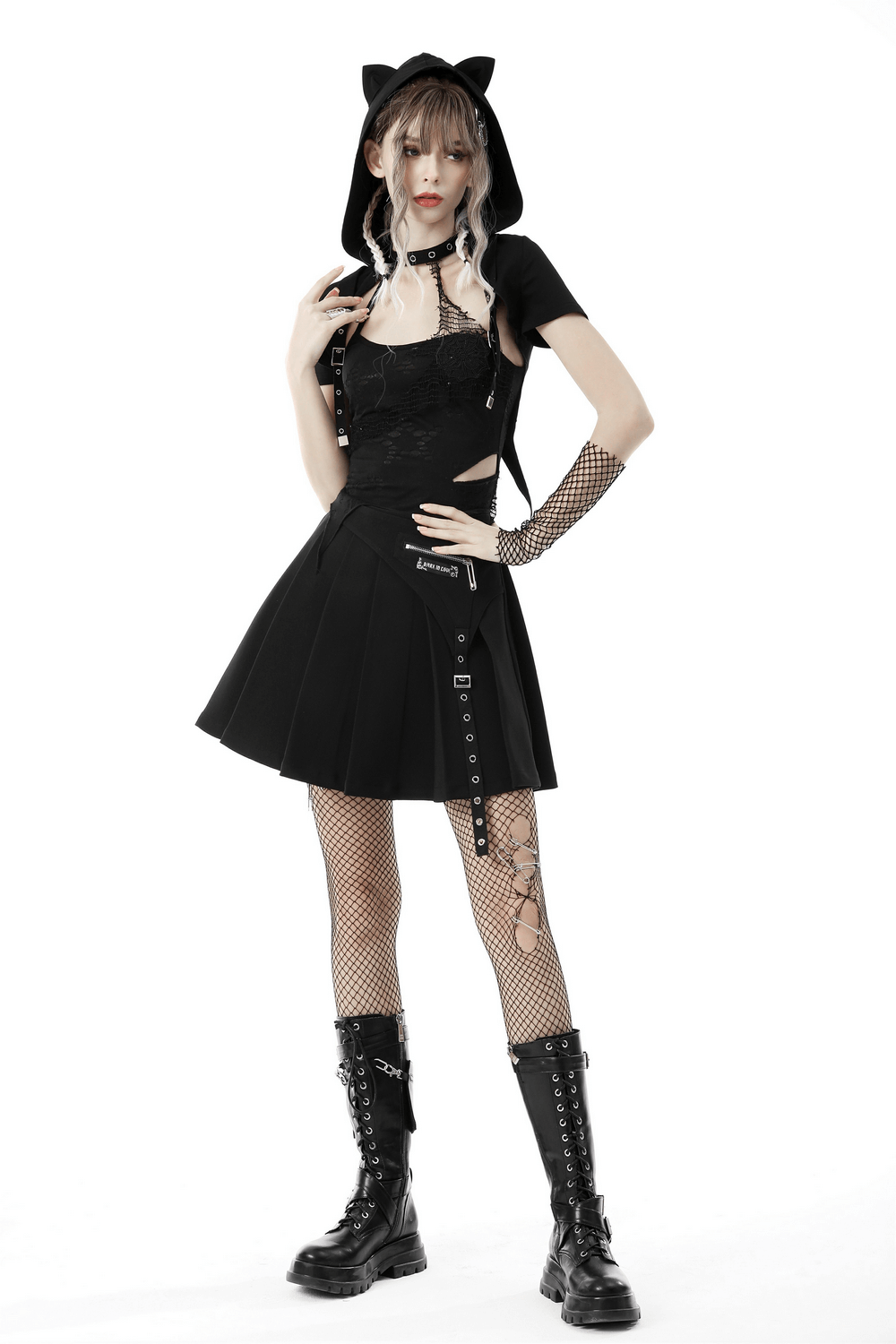 Gothic black cat ear crop top outfit with bat wings, pleated skirt, and edgy accessories for a unique style.