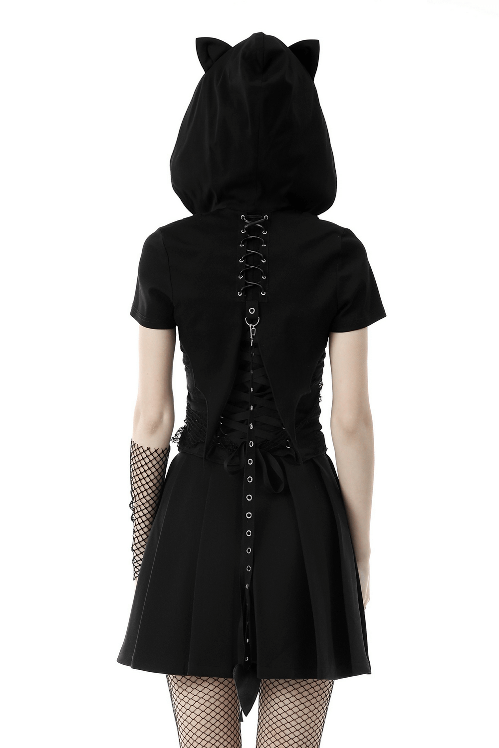 Back view of gothic black cat ear crop top with bat wings and lace-up detailing.