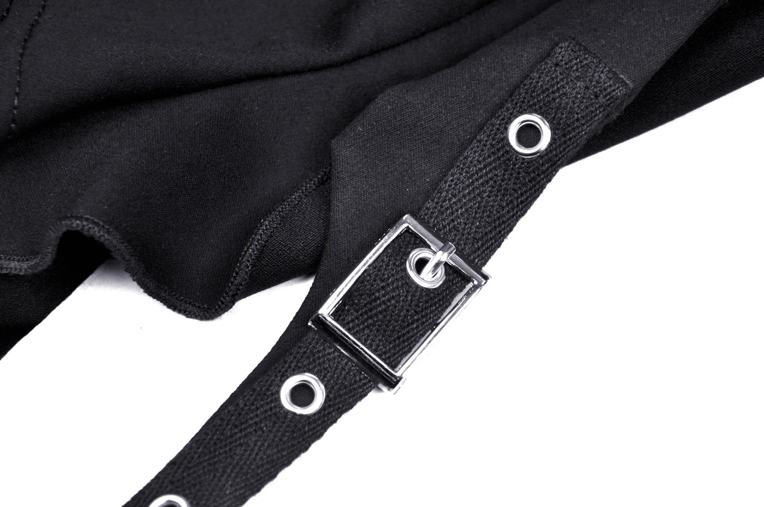 Close-up of the black cat ear crop top showing edgy buckle and grommet details for a gothic look.