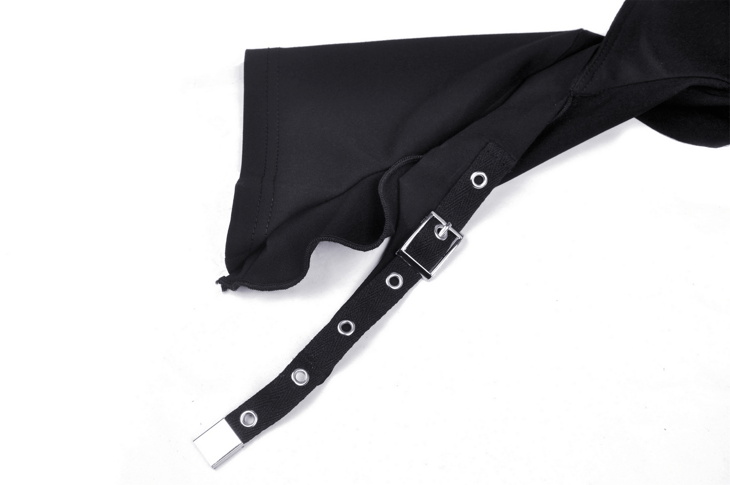 Close-up of a black crop top sleeve with edgy buckle and strap detailing, enhancing gothic fashion style.