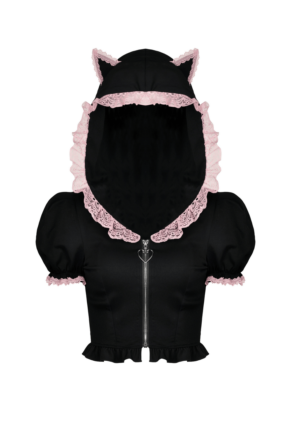 Black cat ear crop top with pink lace collar, perfect for a cute and spooky everyday look.