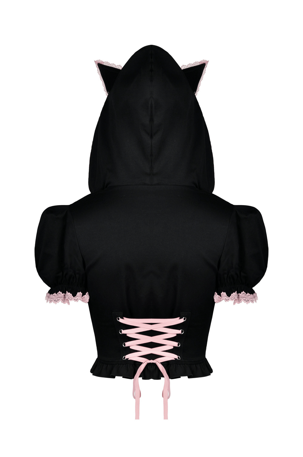 Back view of a black cat ear crop top with pink lace collar and corset detailing.