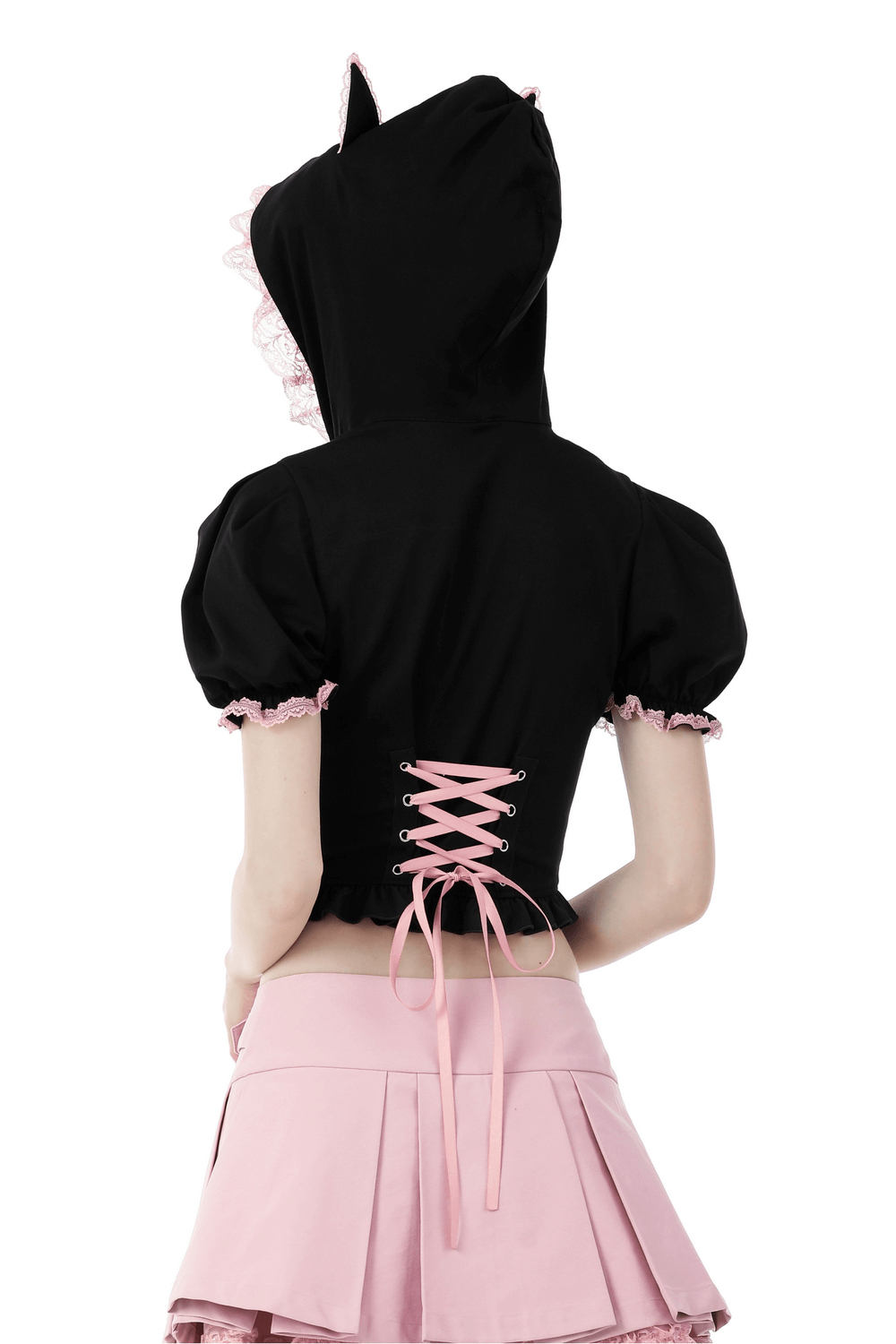 Back view of a black cat ear crop top with hood and pink lace collar, highlighting the stylish lace-up design.