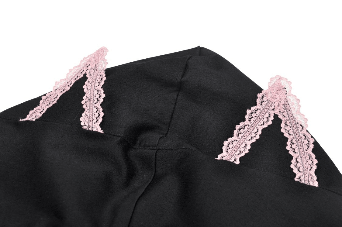 Close-up view of black cat ear crop top hood with pink lace accents, showcasing its cute and trendy design.