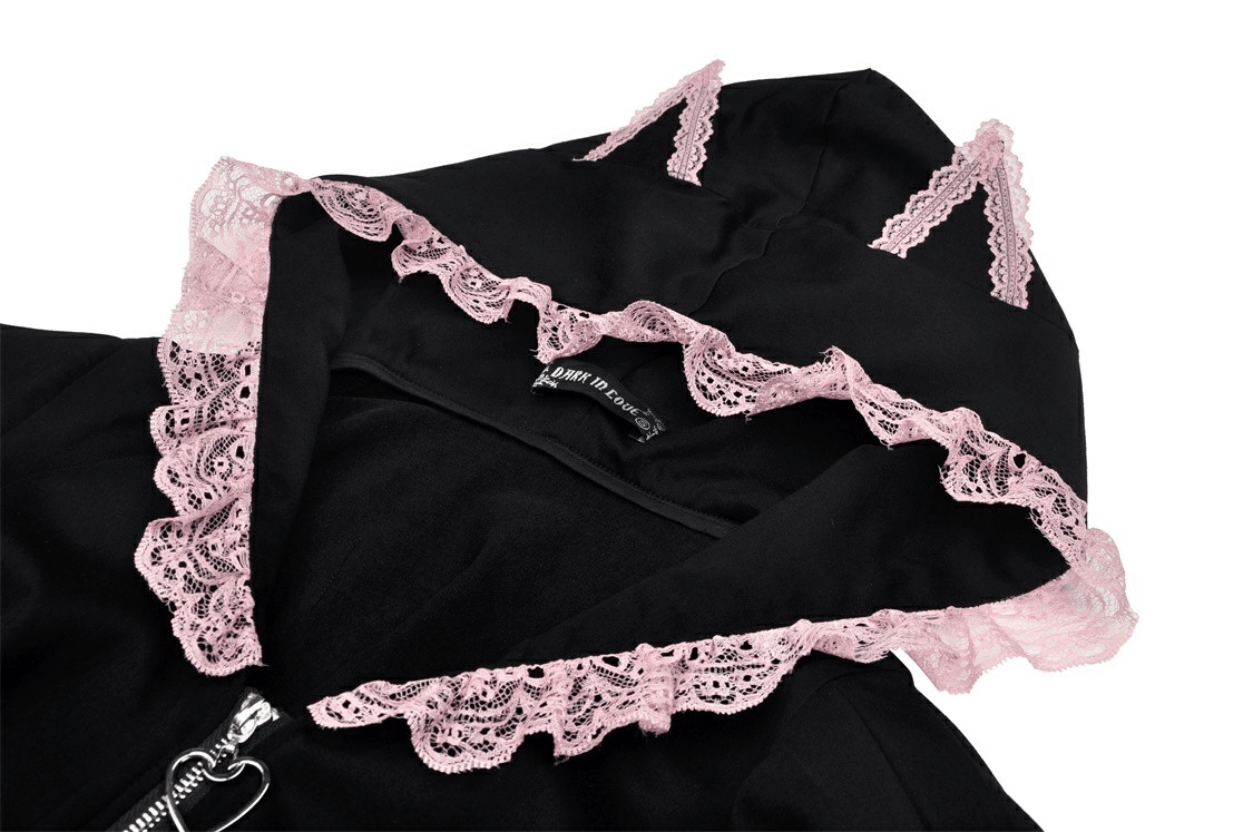 Black Cat Ear Crop Top with Hood And Pink Lace Collar
