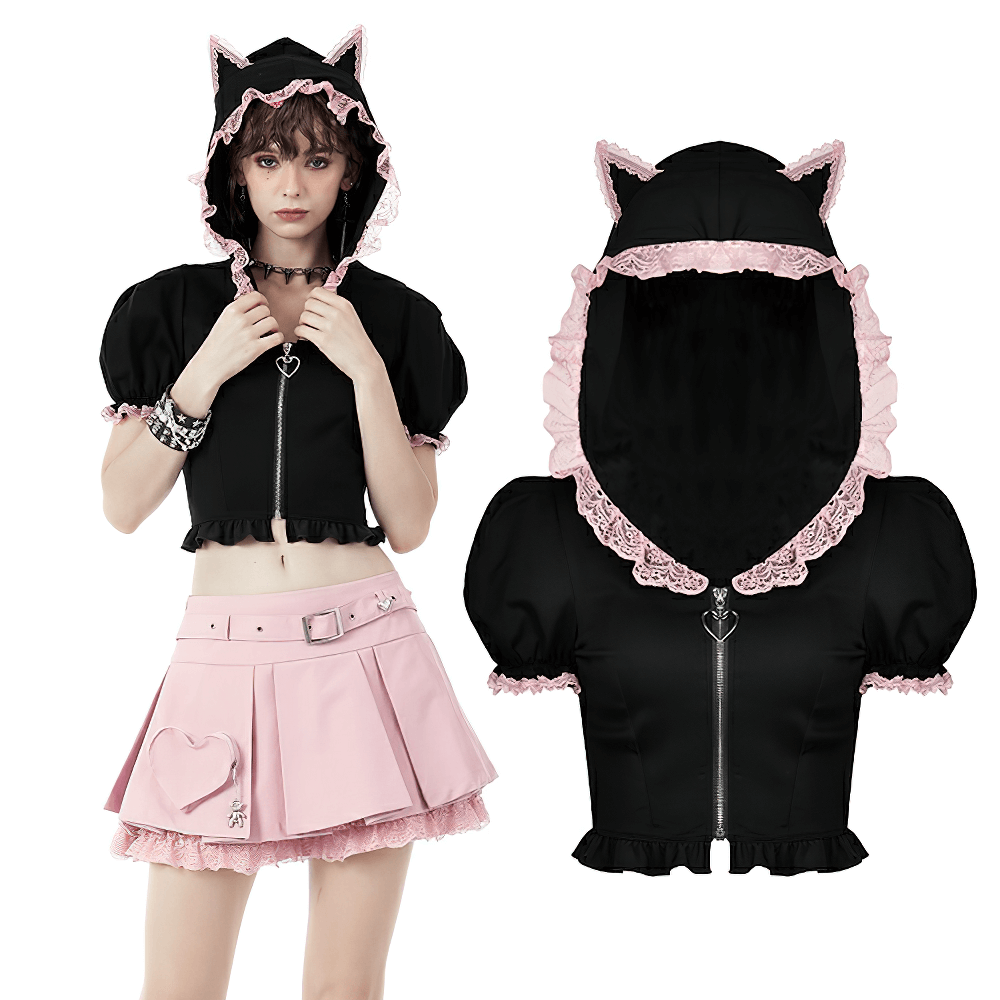 Black cat ear crop top with hood and pink lace collar, perfect for adding cute style to your outfits.