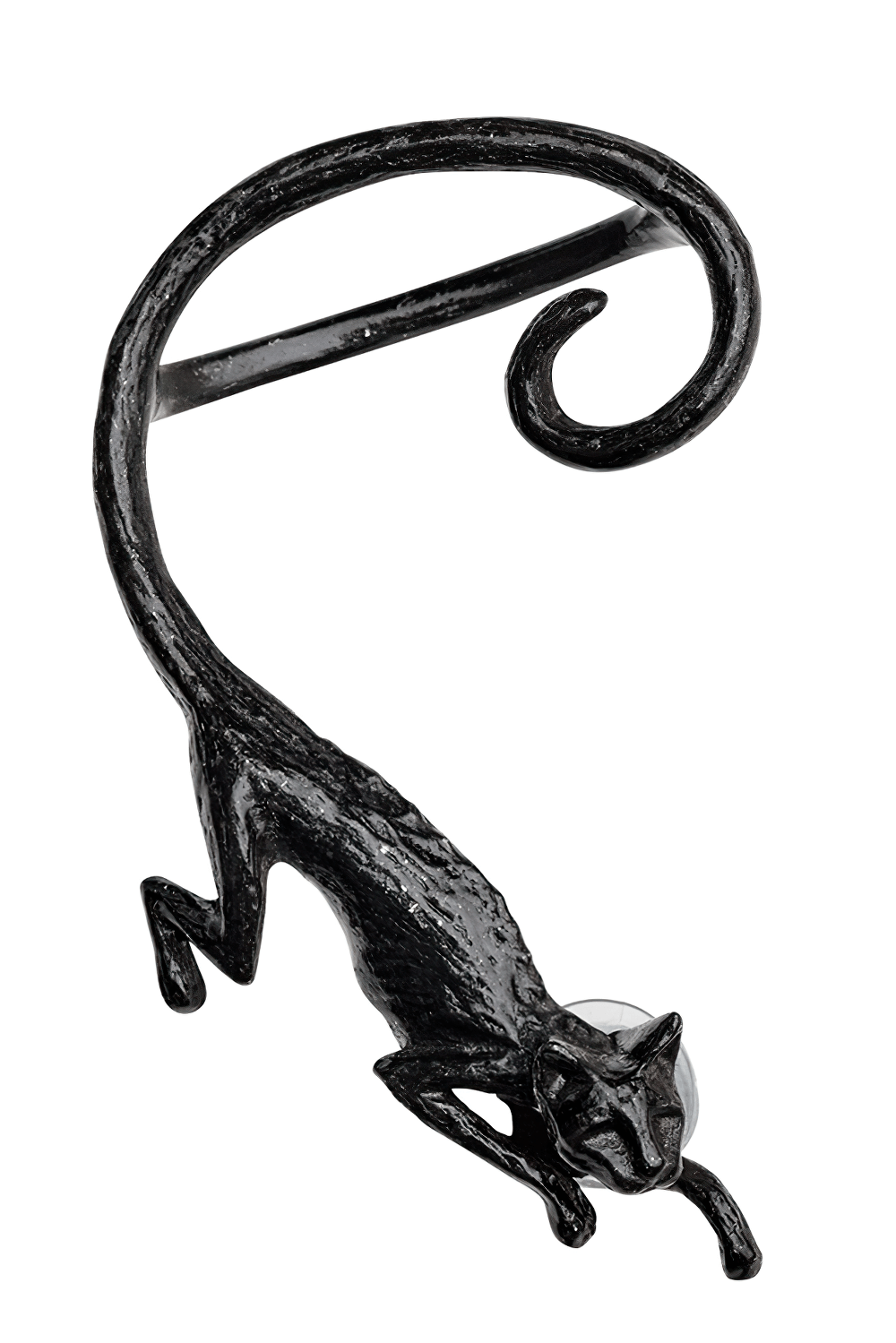 Black Cat Earwrap in Pewter with Curled Tail Design featuring a crouching black cat in a stalking position.