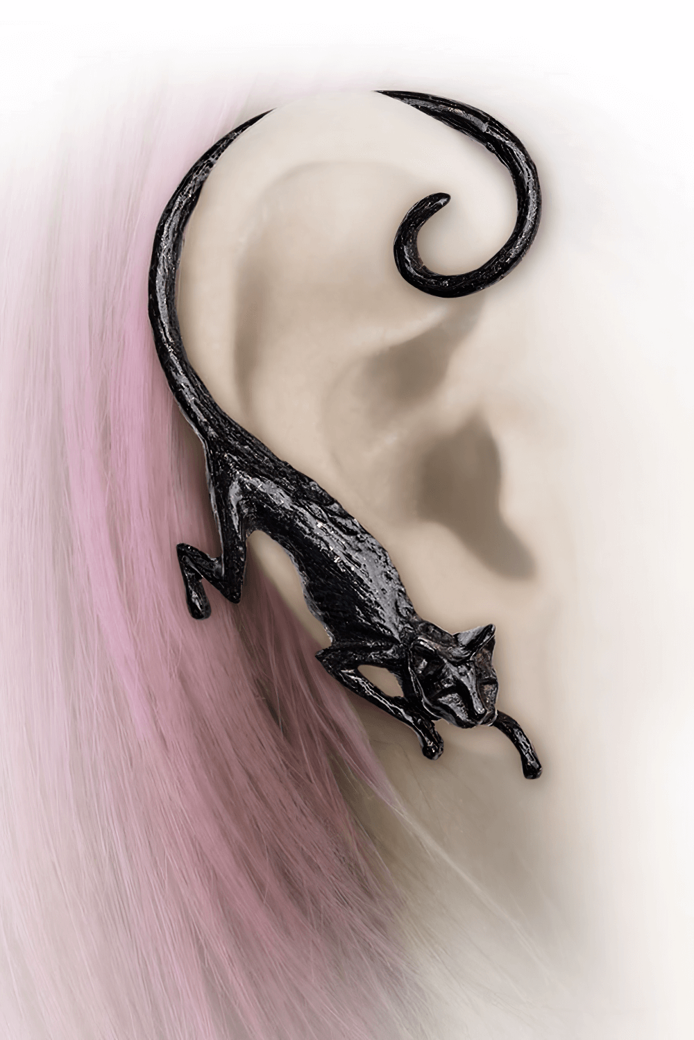 Black Cat Earwrap in Pewter with Curled Tail Design showcasing a crouching cat on the ear.
