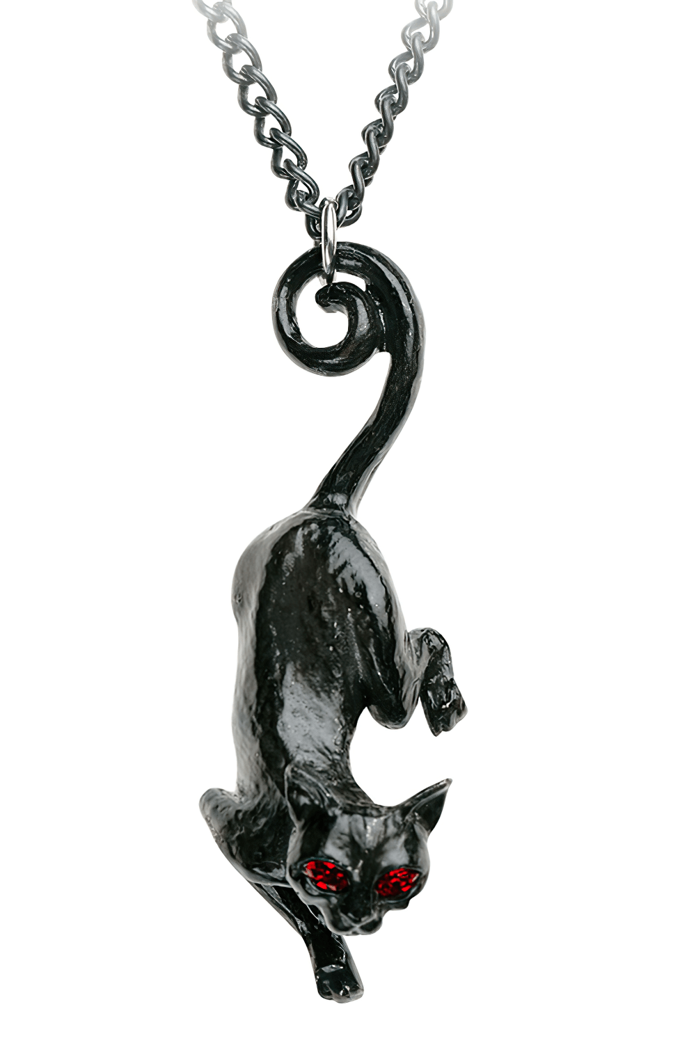 Black cat gothic pendant necklace with red crystal eyes, perfect for witches and pagans, symbolizing magic and allure.