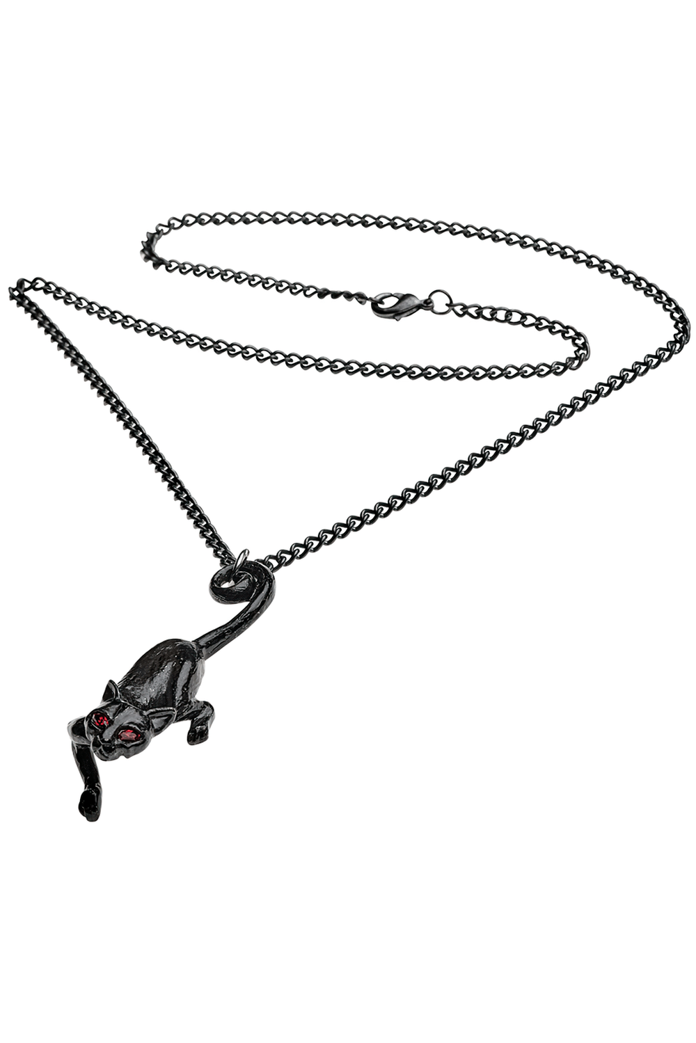 Black cat gothic pendant necklace with red crystal eyes, a mystical talisman for witches and pagans.