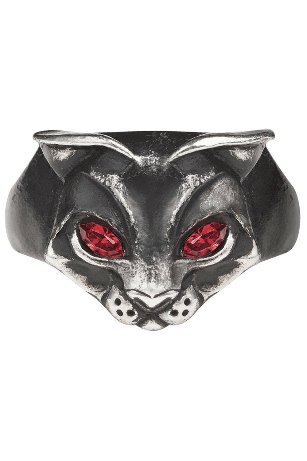 Black cat ring in pewter with red crystal eyes, inspired by the Egyptian goddess Bastet, perfect for gothic style enthusiasts.