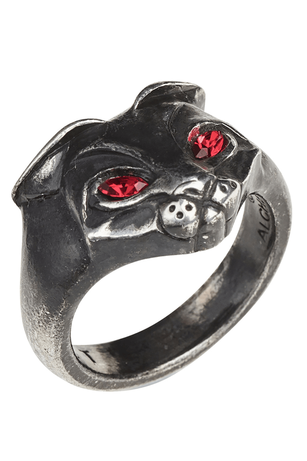 Gothic black cat ring with red crystal eyes, inspired by the goddess Bastet and crafted in black pewter.