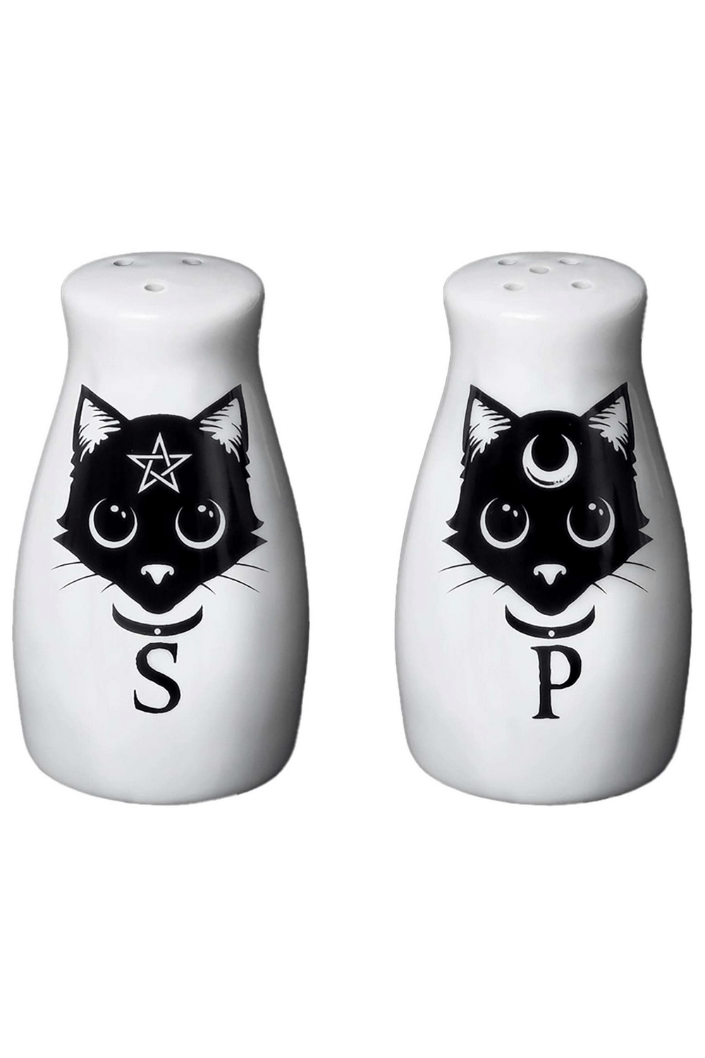 Enchanting black cat salt and pepper shaker set featuring mystical designs for gothic home decor.