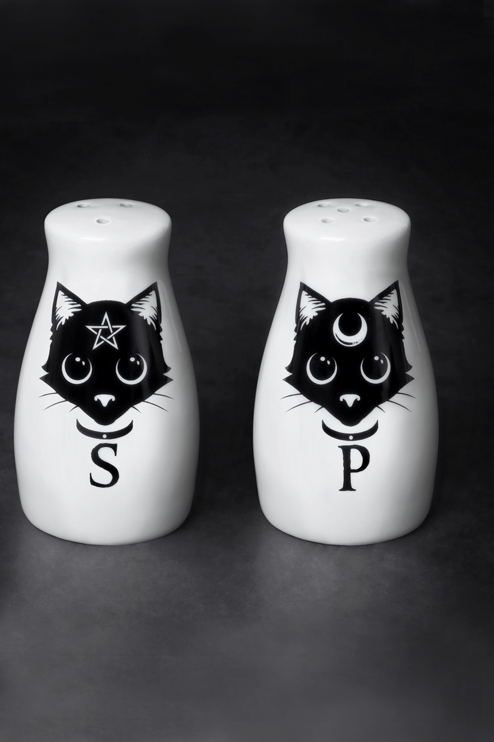 Black cat salt and pepper shakers with mystical designs for gothic kitchens by Alchemy.