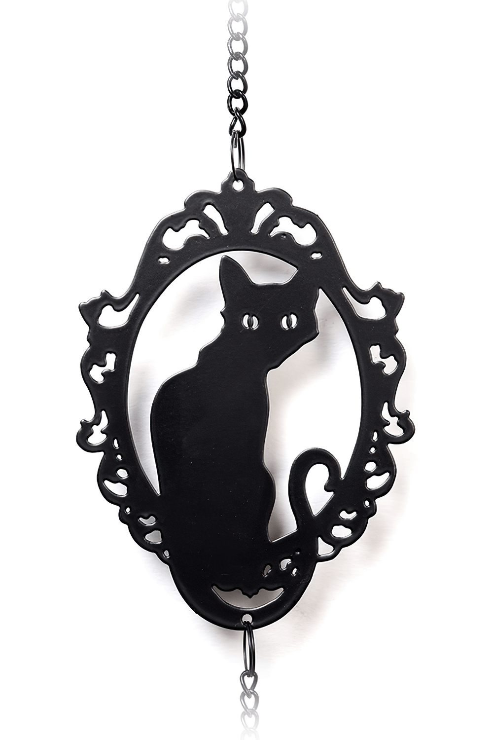 Black cat silhouette hanging decoration in ornate frame, perfect for adding a witchy vibe to home and garden decor.