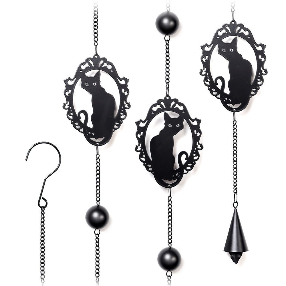 Black cat silhouette hanging decoration with ornate frame, perfect for witchy home and garden decor.