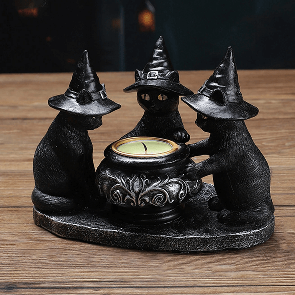 Black Cat Witch Candle Holder with three cats around a cauldron, perfect for Halloween and gothic home decor.