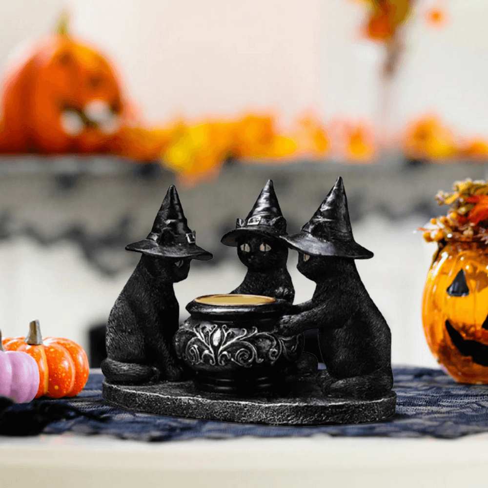 Black Cat Witch Candle Holder with three cats in hats around a cauldron, perfect for Halloween and gothic home decor.