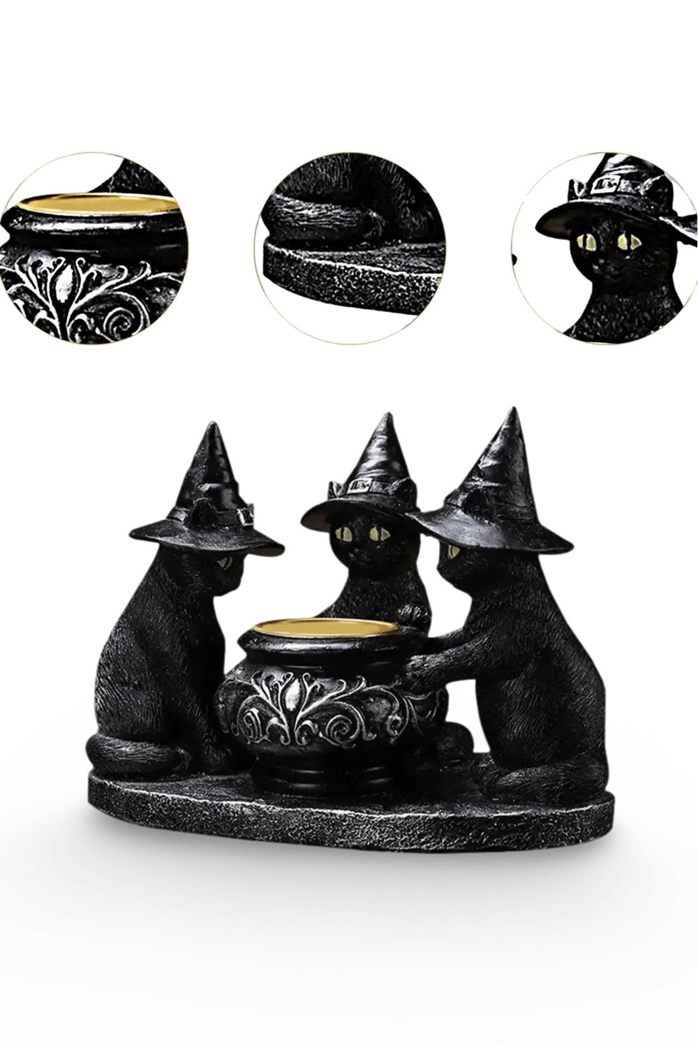 Black Cat Witch Candle Holder with three cats in hats around a cauldron, perfect for Halloween and spooky home decor.