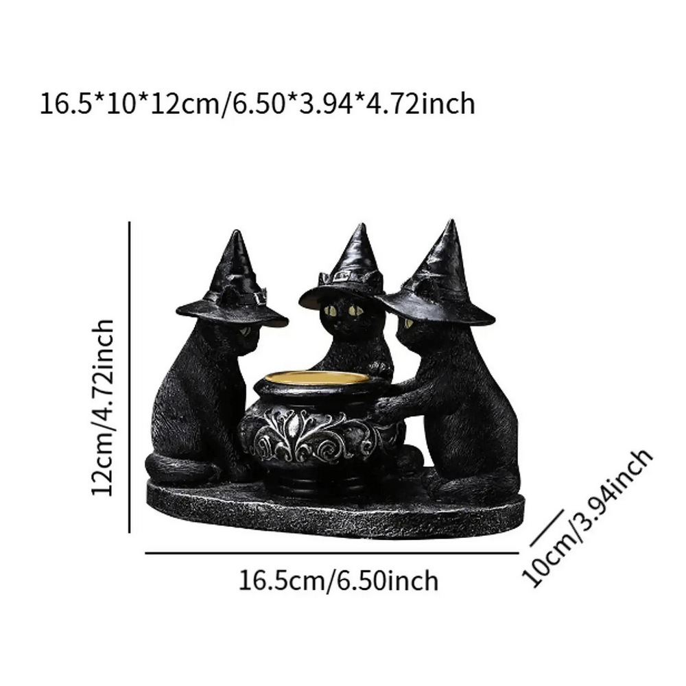 Black Cat Witch Candle Holder with three cats in hats around cauldron for Halloween home decor