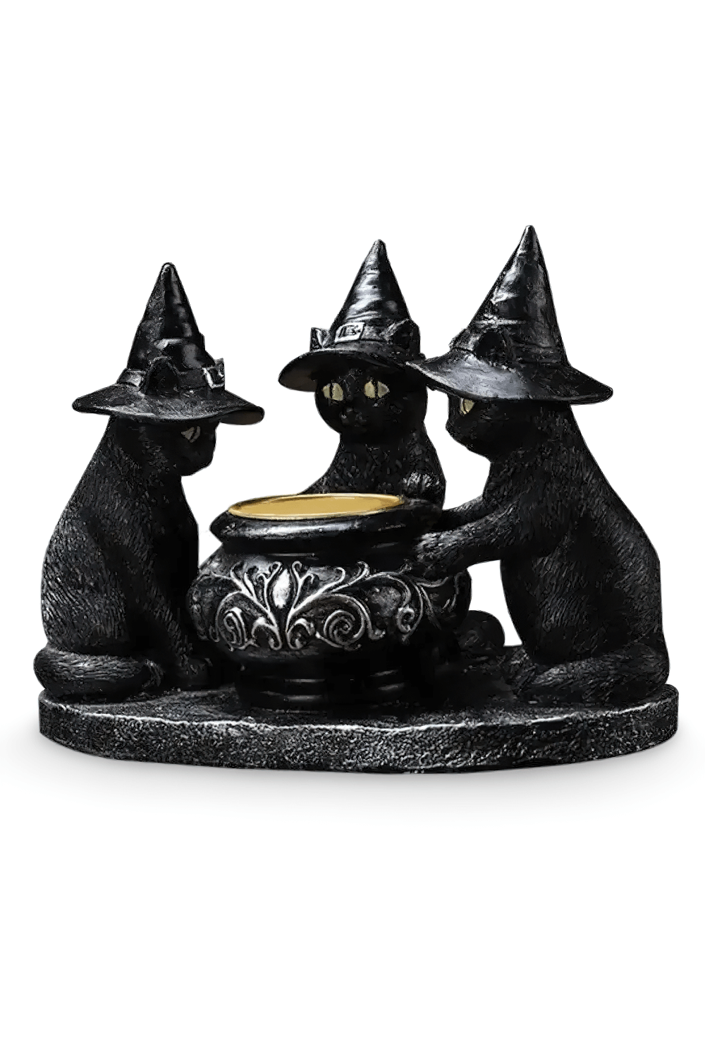 Black Cat Witch Candle Holder featuring three black cats in hats around a cauldron, perfect for Halloween decor.
