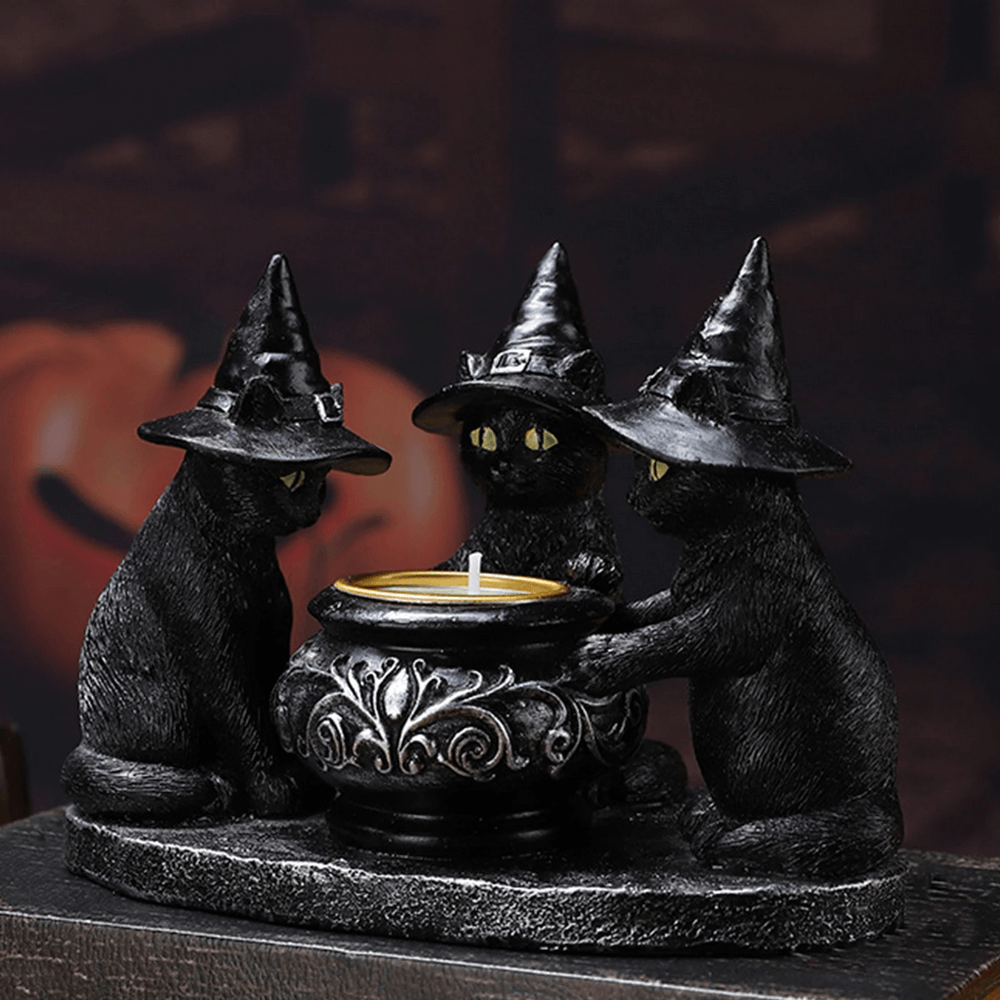 Black Cat Witch Candle Holder with three cats in witches' hats around a cauldron, perfect for Halloween decor.