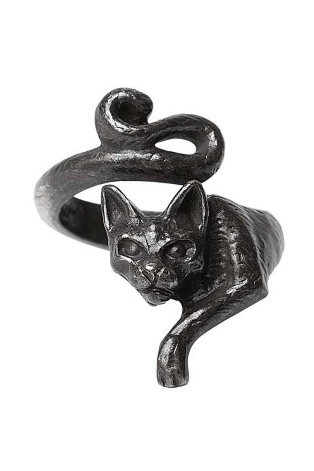 Black cat wrap ring in antiqued pewter, featuring intricate feline details and gothic design.