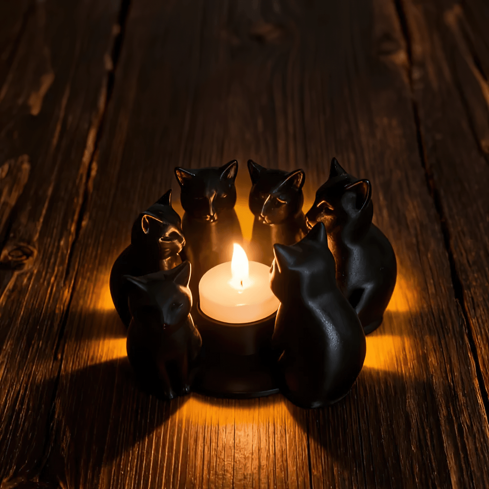 Black Cats Candle Holder for Witchy Accent Decor with glowing tea light and seven black cat figures.