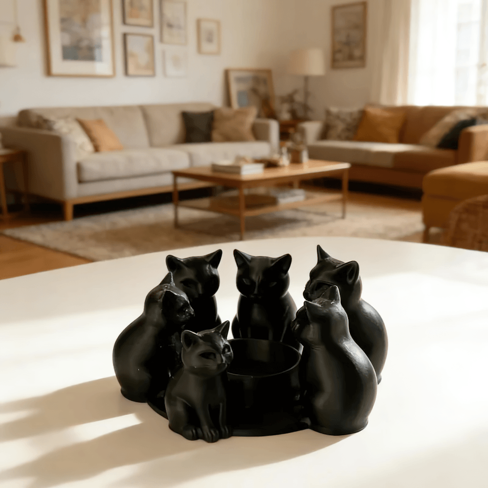Black Cats Candle Holder for Witchy Accent Decor featuring sleek kitten designs around a tea light base.
