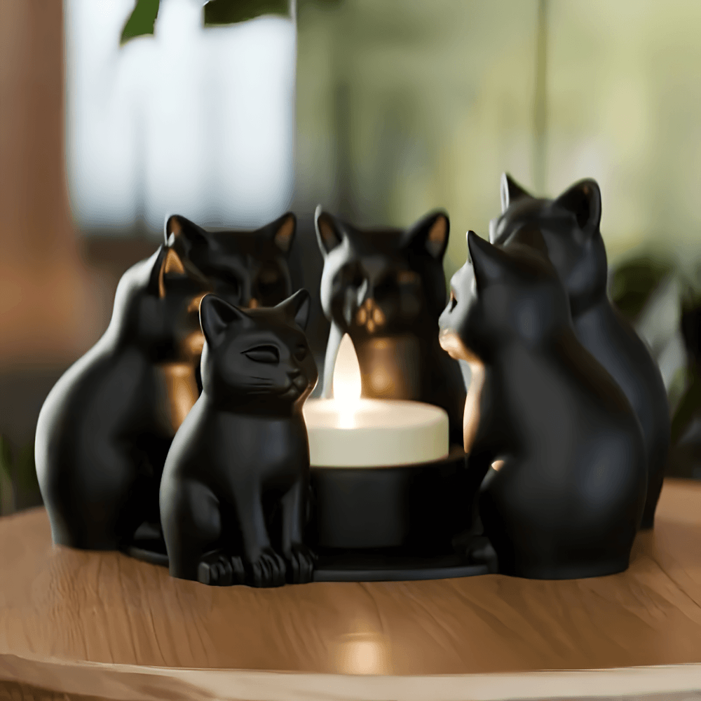 Black Cats Candle Holder for Witchy Accent Decor featuring sleek kittens around a tea light, perfect for gothic home decor.