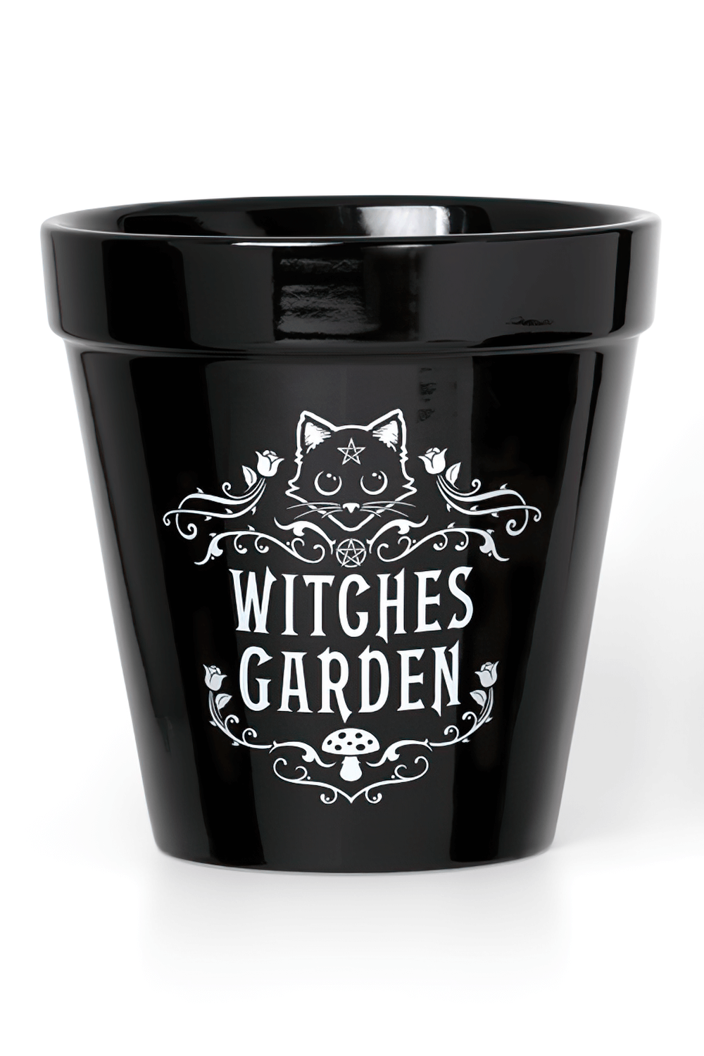 Black ceramic Witches Garden planter featuring an occult cat design, perfect for magical green thumbs.