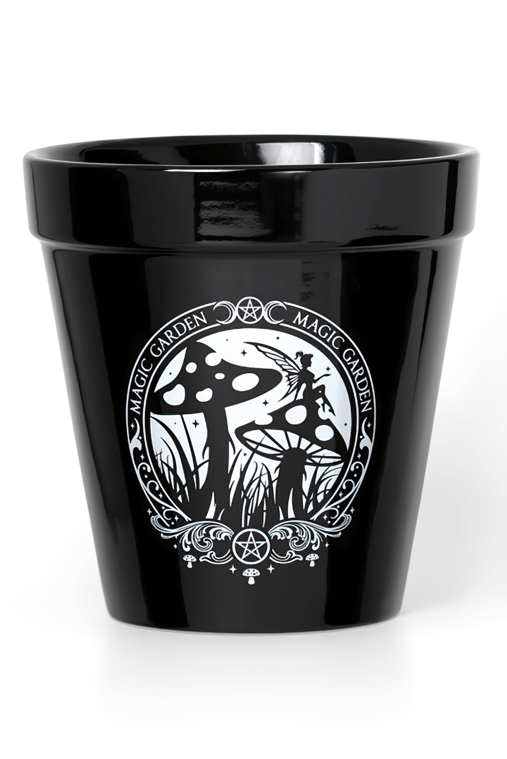 Black ceramic plant pot with magical garden design featuring toadstools and fairy art.