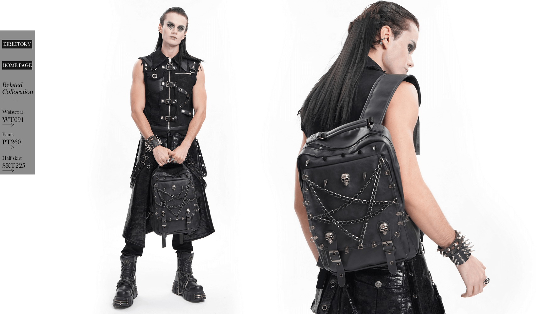 Edgy black Gothic backpack with skull accents and spikes, worn by model in alternative fashion outfit.