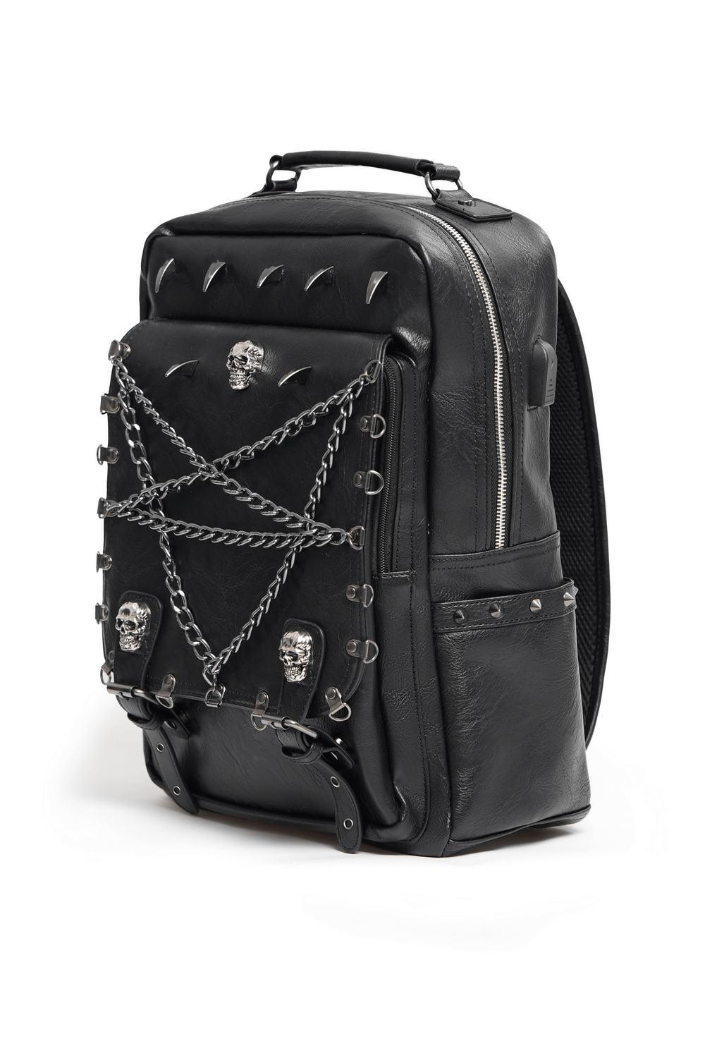 Edgy black gothic backpack with skull embellishments and chain detailing for alternative fashion lovers.