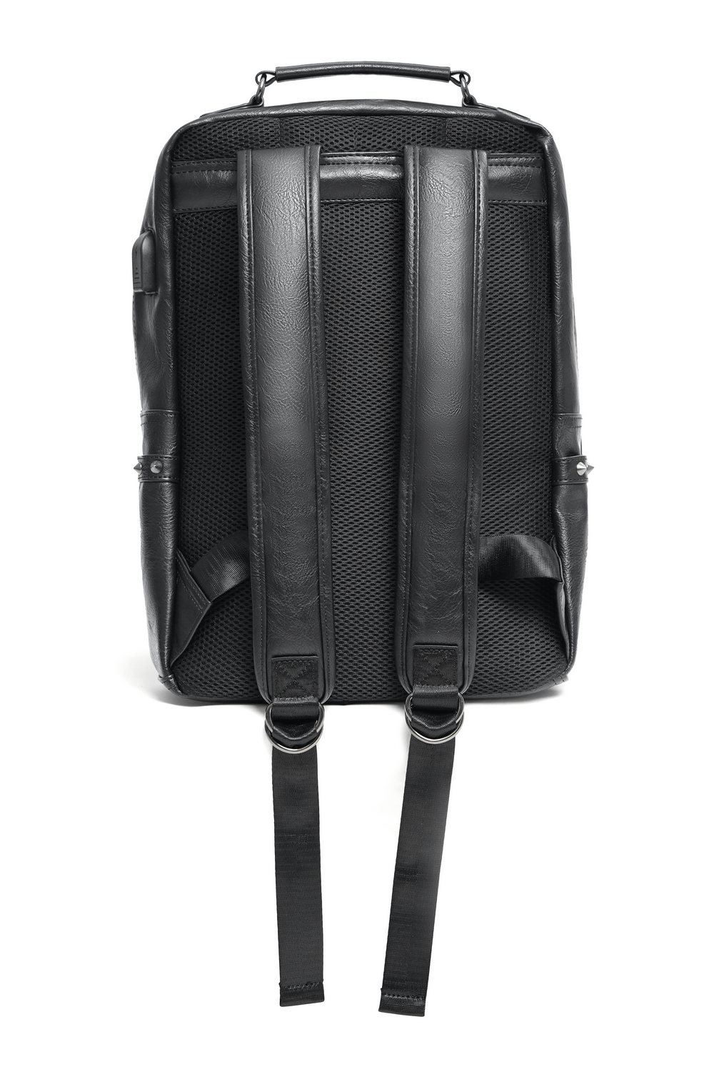 Back view of a stylish black backpack featuring padded mesh straps for comfort and durability.