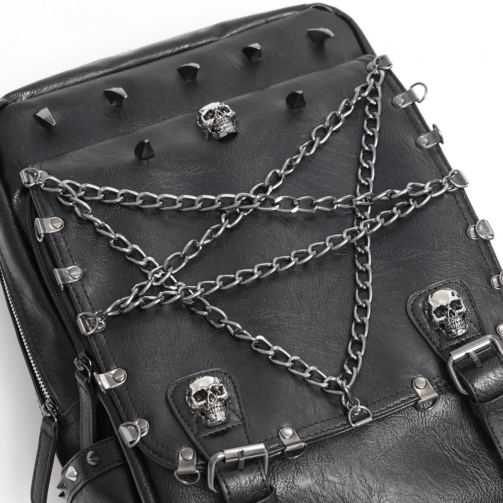 Black gothic backpack with spikes and skull embellishments, featuring chain details for an edgy look.