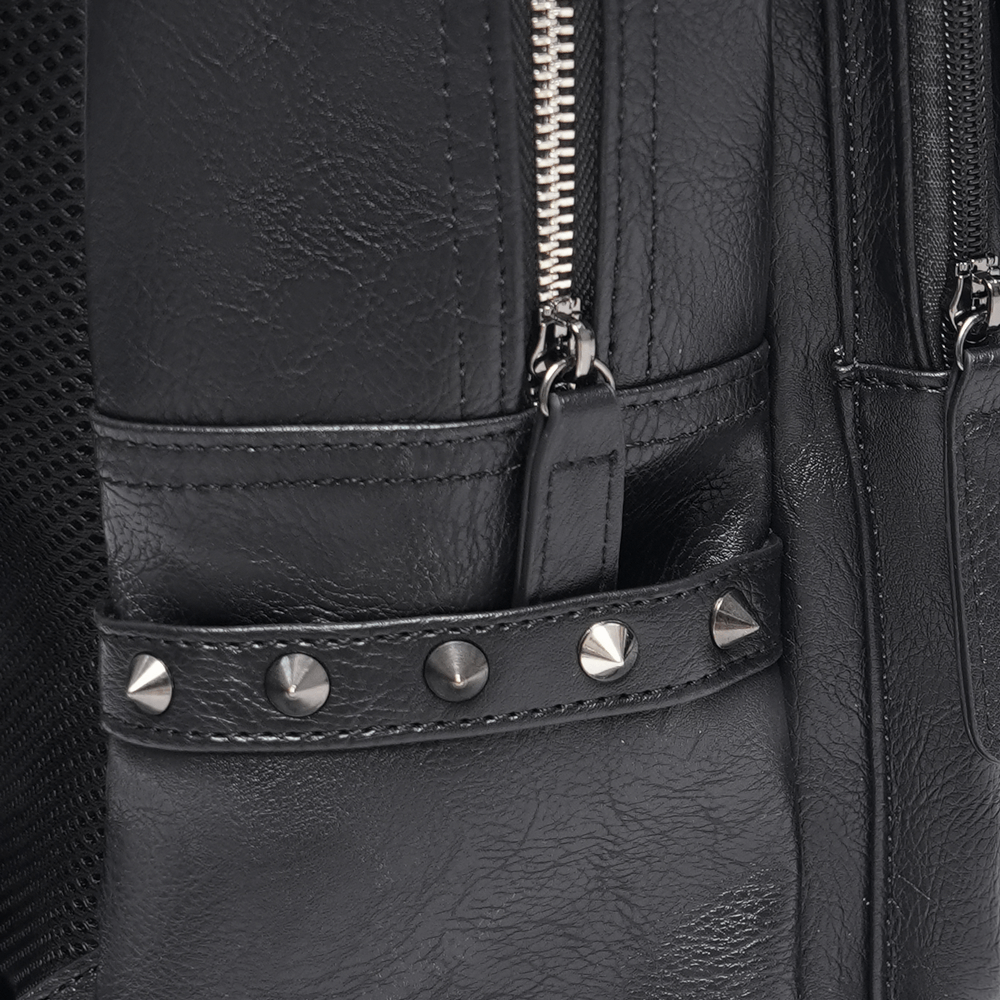 Close-up of the black gothic backpack showing silver zipper and studded pocket detailing for edgy style.