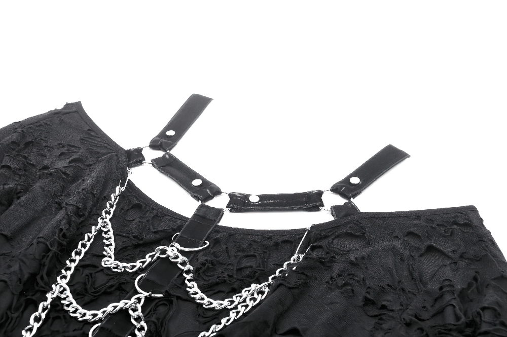 Black Chain Detail Off-Shoulder Ripped Loose Sweatshirt