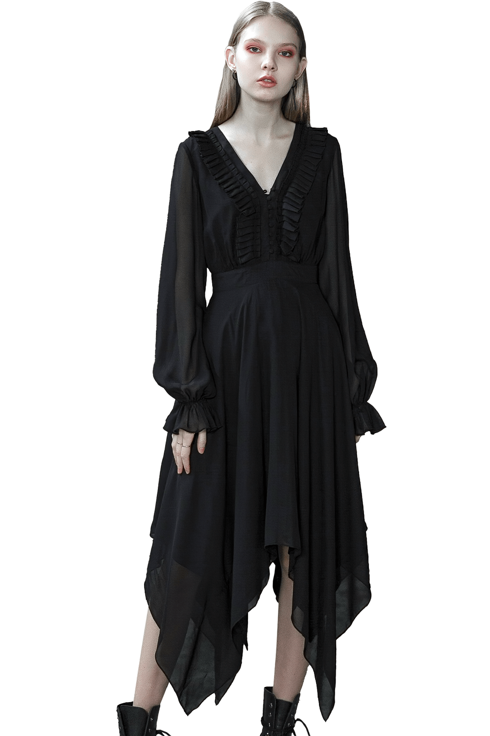 Elegant black chiffon dress with asymmetrical layered hem and Gothic-style details, perfect for a striking look.