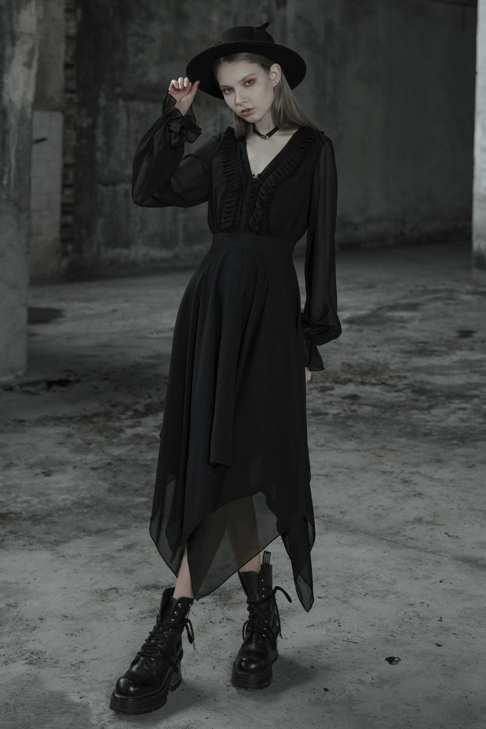 Elegant black chiffon dress with asymmetrical hem, layered silhouette, and Gothic pattern buckle, perfect for a striking look.