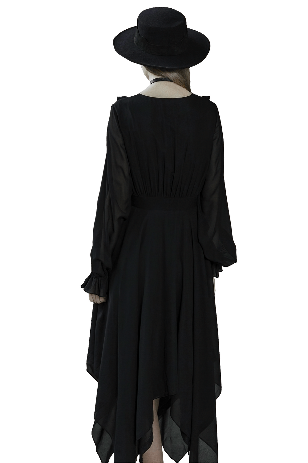 Elegant back view of a long black chiffon dress with an asymmetrical hem and stylish black hat.