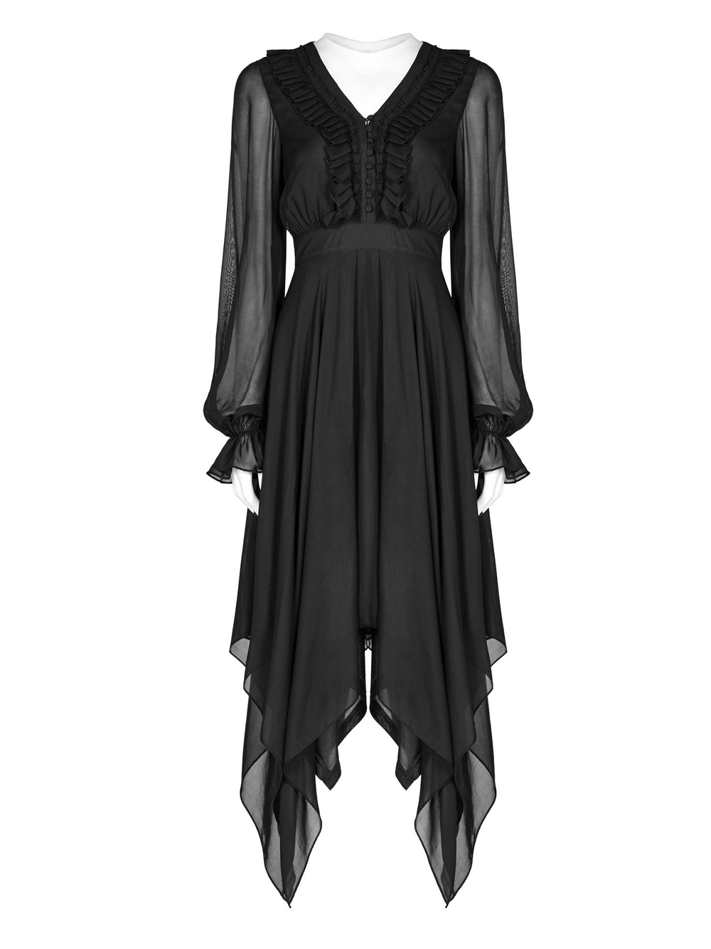 Women's black chiffon dress with asymmetrical layered hem and Gothic buckle detail, perfect for elegant occasions.