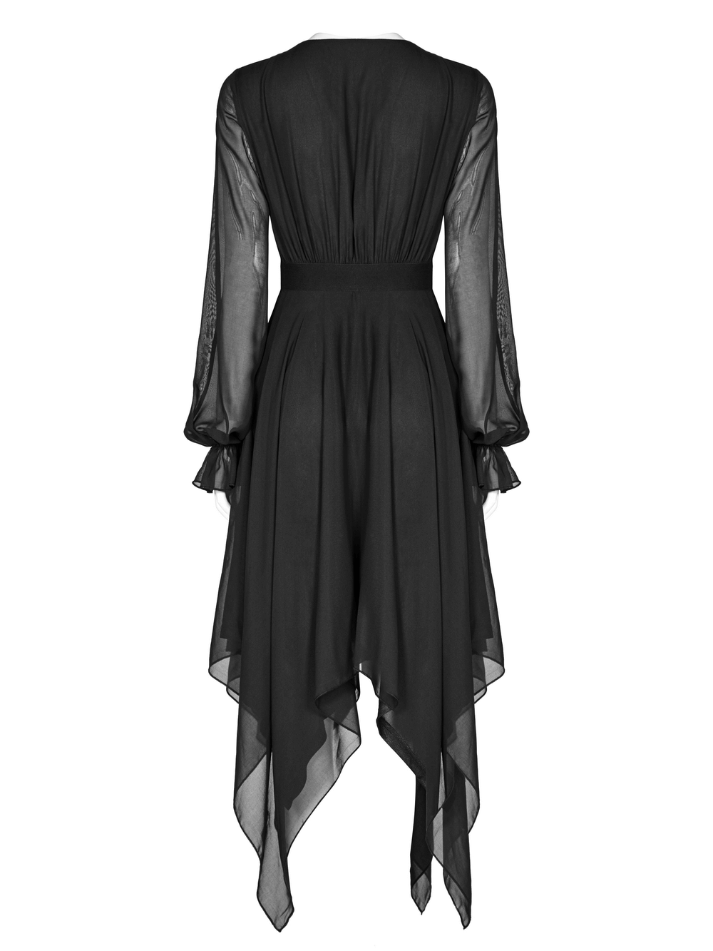 Elegant black chiffon dress with asymmetrical layered hem and puffed sleeves, perfect for any sophisticated occasion.